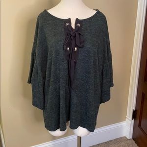 Umgee knit blouse laced tie neck dark blue M